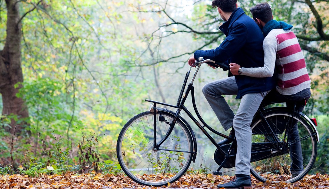 Two boys on bikes in the woods, fall Two boys on bikes in the woods, fall