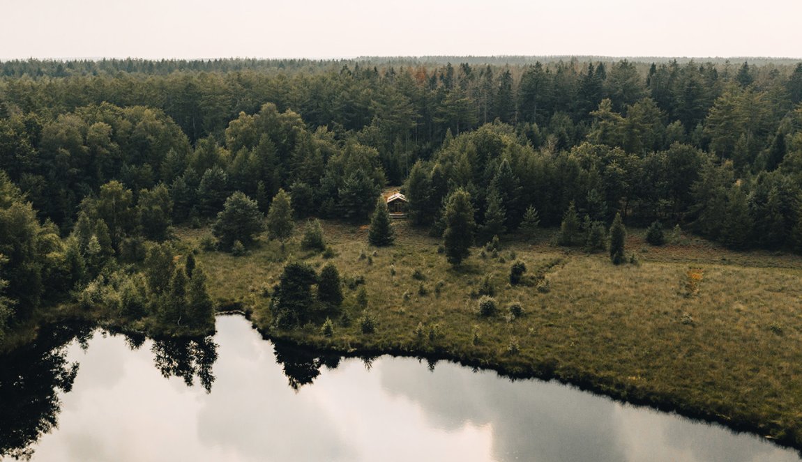 Bird view Drenthe forests and lake with vacation cabin