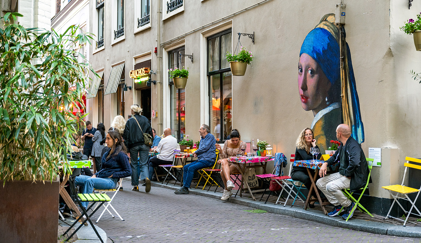 Mural of the Girl with the Pearl Earring by Johannes Vermeer on facade in Oude Molstraat The Hague Mural of the Girl with the Pearl Earring by Johannes Vermeer on facade in Oude Molstraat The Hague