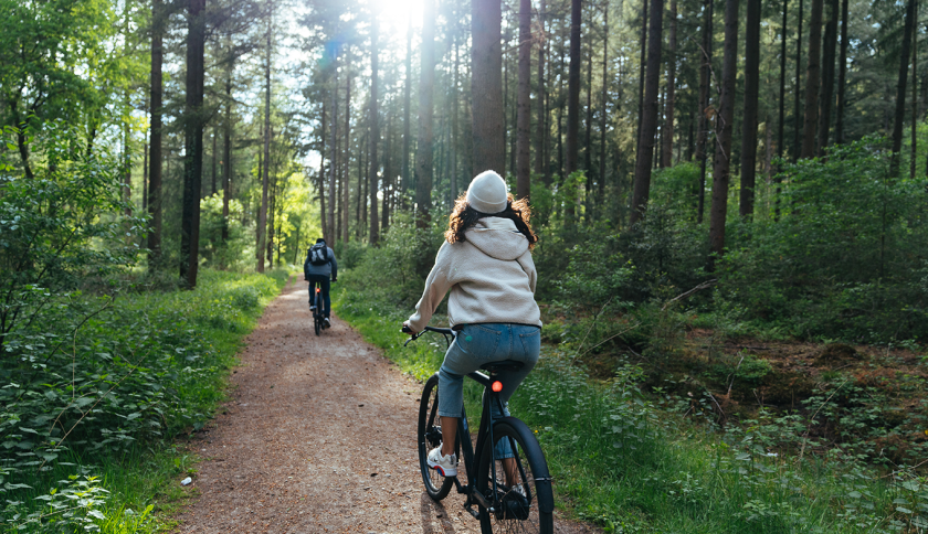 Two people cycling on electric bikes in the forest Two people cycling on electric bikes in the forest
